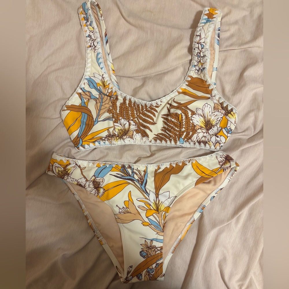 yellow blue and brown floral bikini set